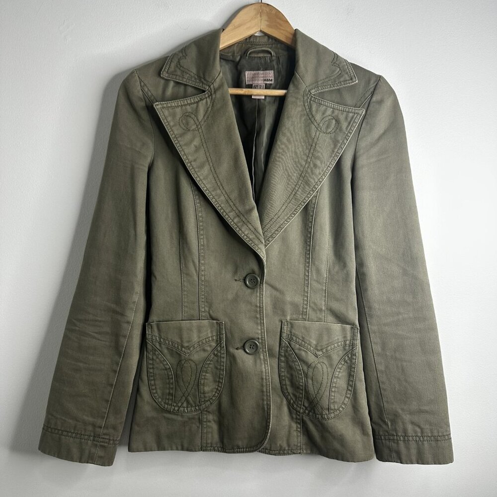 H&M Blazer Jacket Womens 6 Embroidered Western Pockets Utility Military Gorpcore